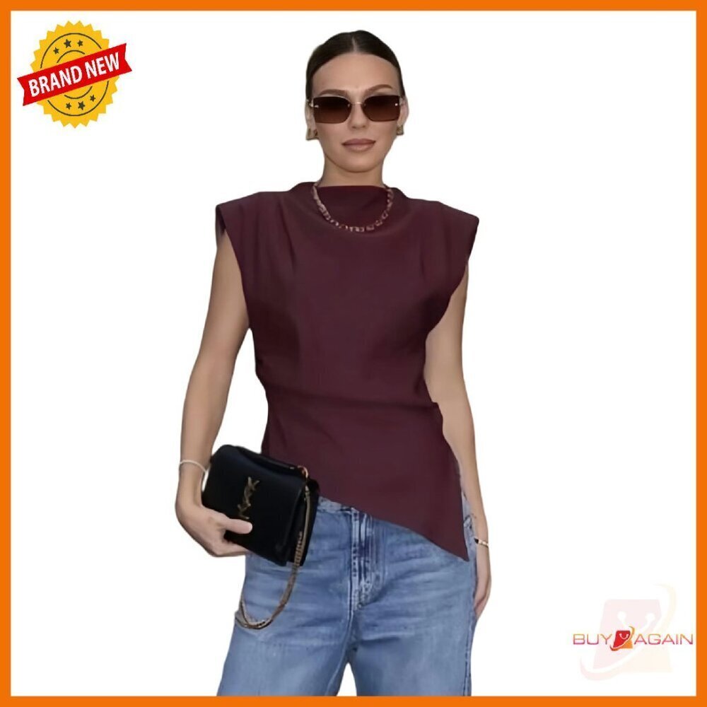 Women's Ruched Cap Sleeve Tank Top Asymmetrical Hem Zipper Casual Blouse